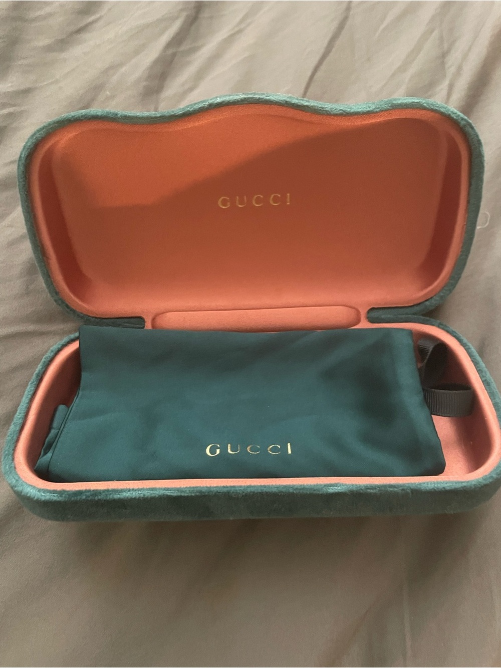 Gucci Teal Velvet Eyewear Case with Coral Interior